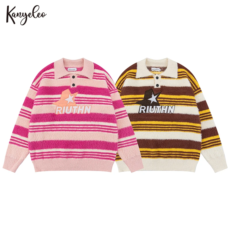 

2023 American Fried Street English Embroidery Crafted Clashing Color Horizontal Stripe Mink sweater LOOSE Medium Strecth