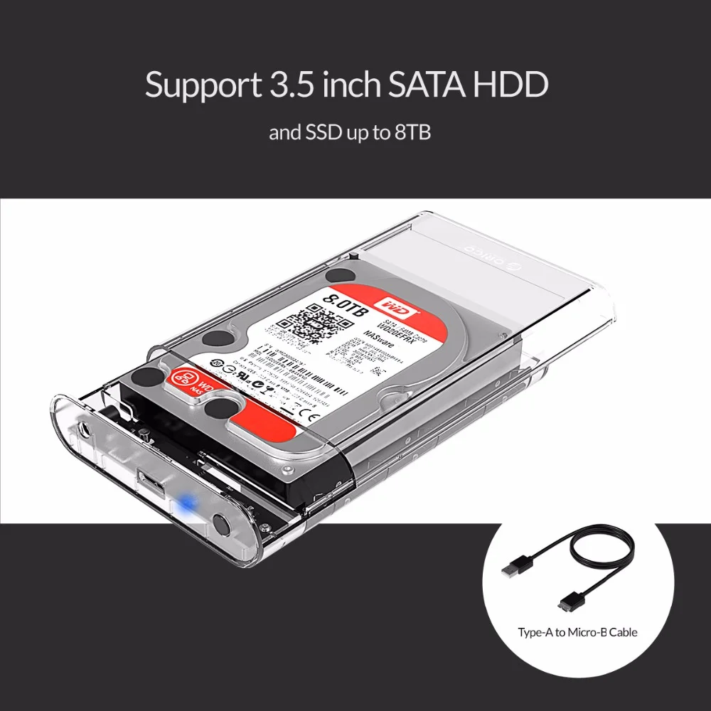 오리코 2.5/3.5인치 HDD 케이스 투명 SATA to USB 3.0 어댑터 외장 하드 드라이브 케이스 (2.5인치, 3.5인치 SSD 디스크 HDD 박스용)