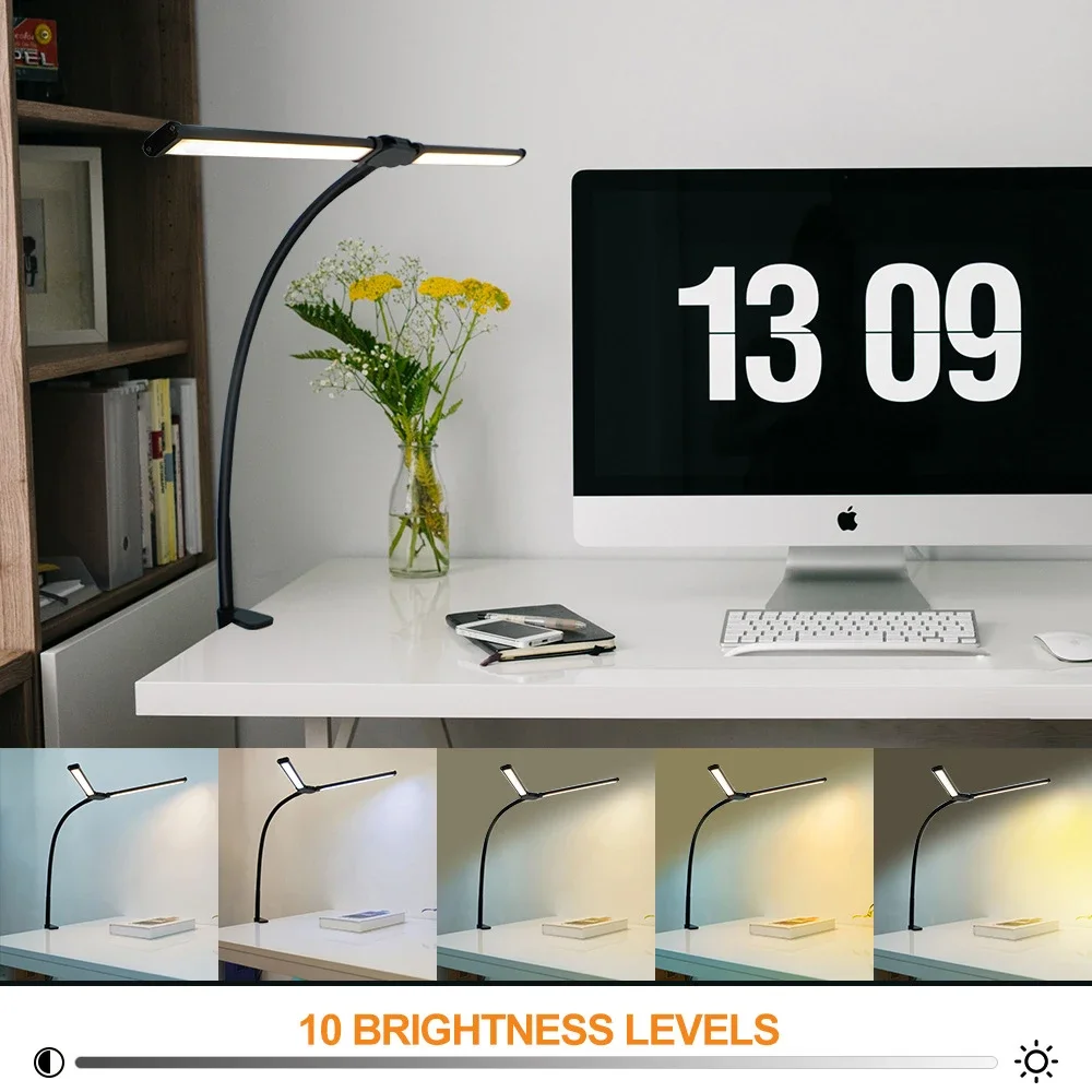 Desk Lamp LED Double Head Stepless Dimming Eye-Caring 3 Color Mode Flexible Adjustable PC Office Table Lamp