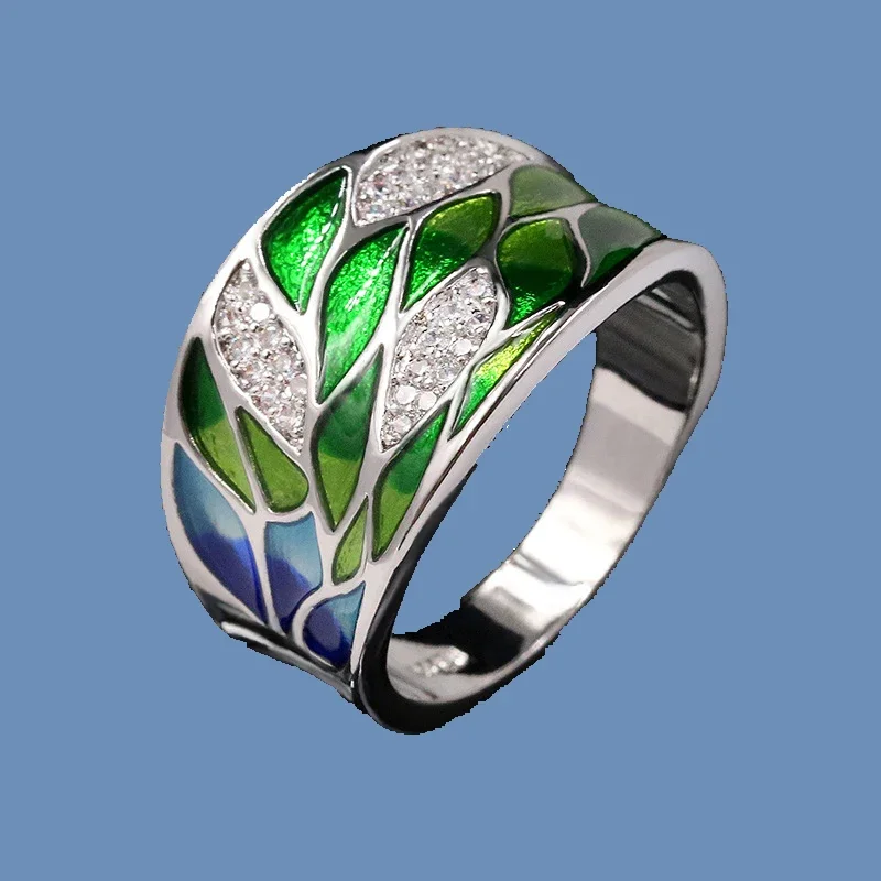 Silver Rings Silver Ring Wedding Rings Elegant Bohemian Style 925 Silver Green Leaf Enamel Ladies Ring Zircon Inlaid Wedding Ring Fashion Jewelry Flower For Women