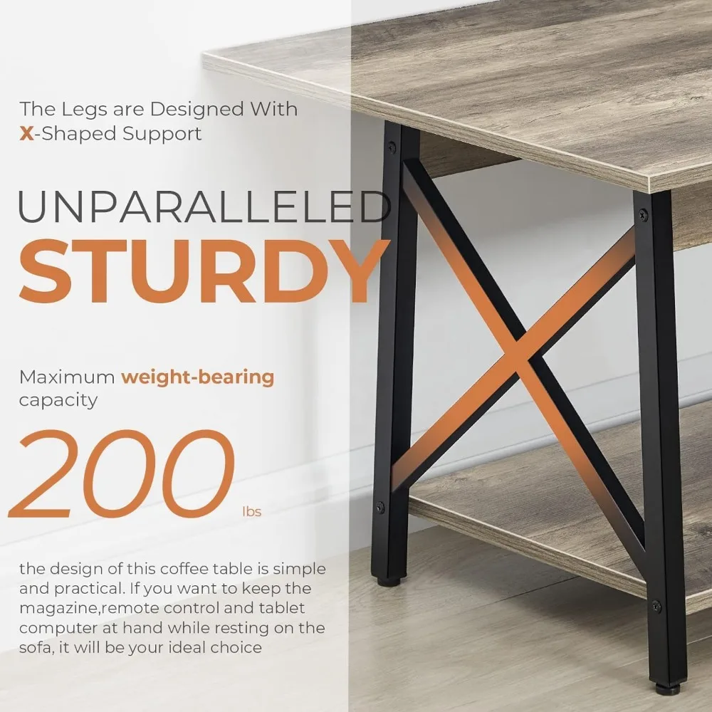 Coffee Table with Storage, 39inch Modern 2-Tier Coffee Tables for Living Room, X-Frame Design Farmhouse Coffee Table Space 3
