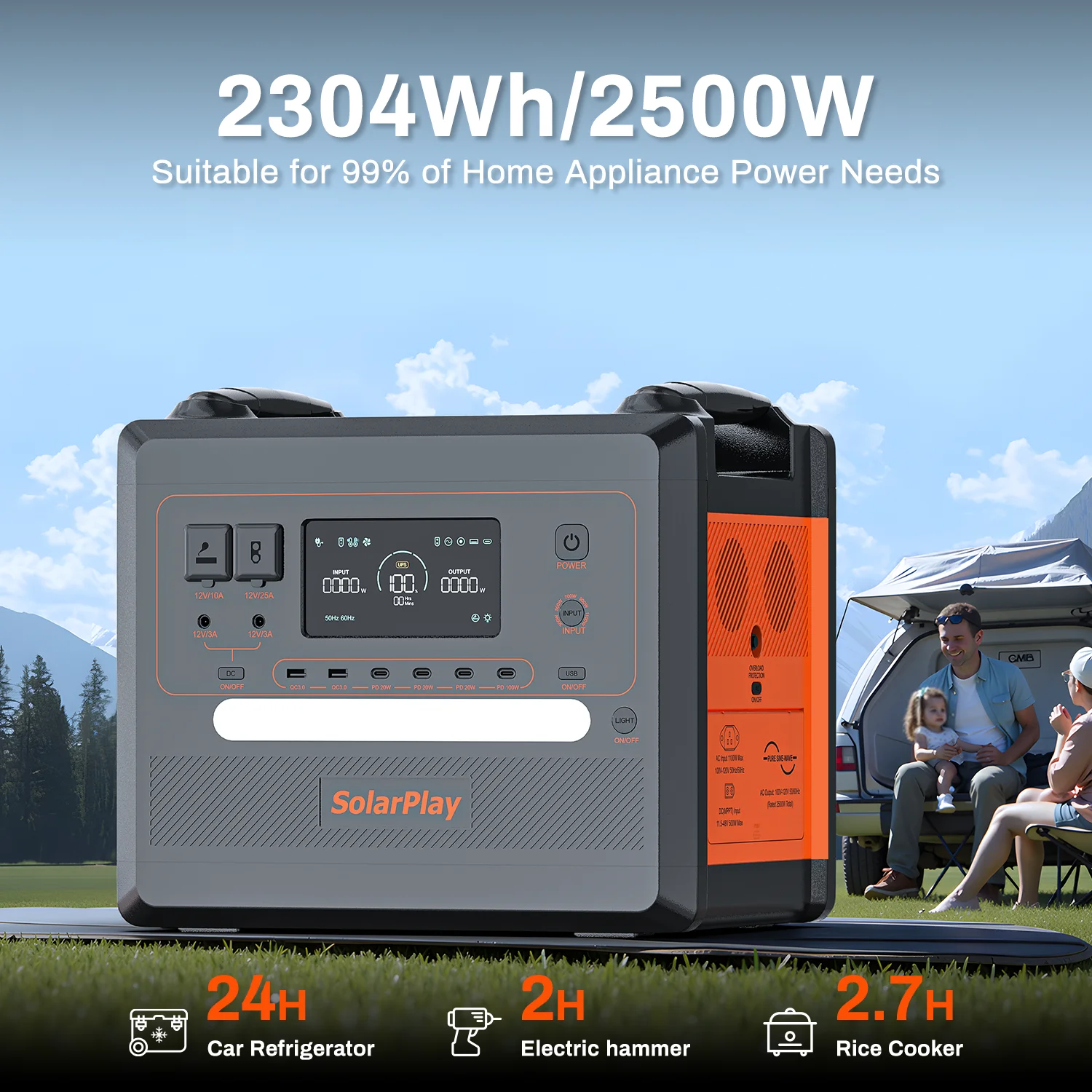 SOLARPLAY Portable Q2402M Energy Charging Station 2500W/2304Wh 720000MAH Mobile Powerbank BMS UPS Function Equipment for Camping 1