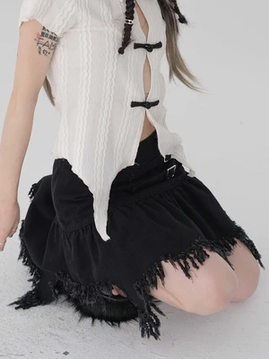 

Ruibbit Original Dark Denim High Waist Skirt Embroidered Lace Short Skirt with Bandage High Waist A-line Skirt Hot Girl Y2k