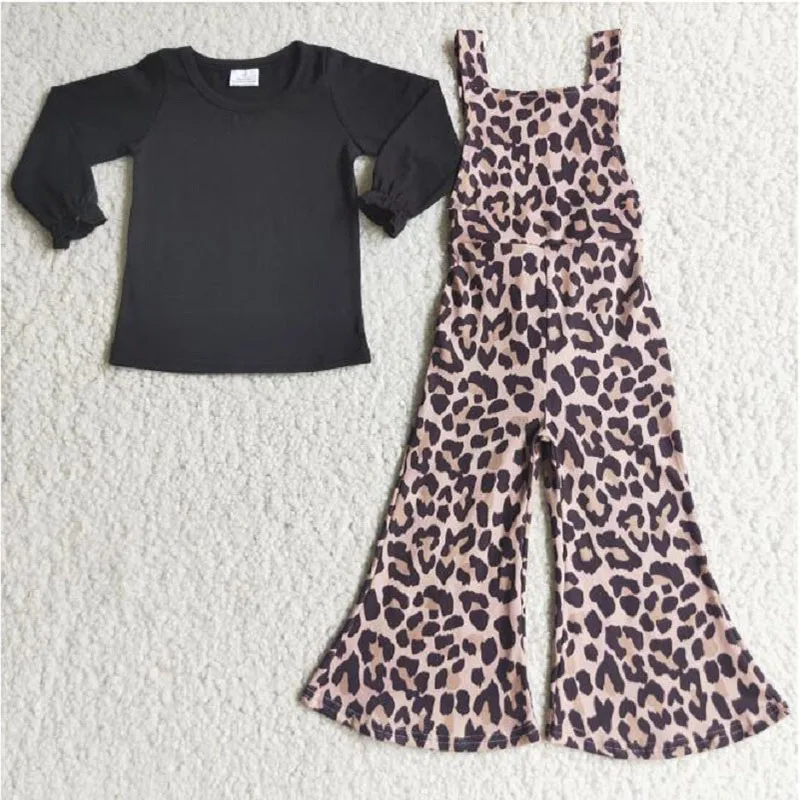 

Toddler New Spring Fashion Kids Black Long Sleeve Leopard Print Bib Set Boutique Wholesale Baby Girls Children Clothing Outfits