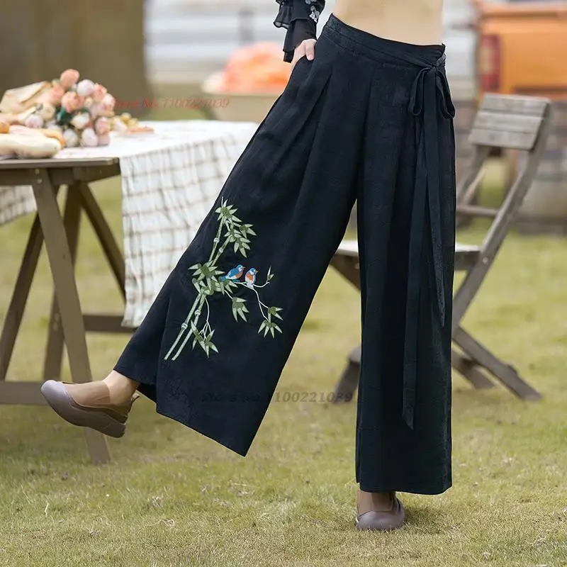 

2024 women vintage pants national flower embroidery chinese harajuku long trousers retro loose bloomers wide leg pantalones