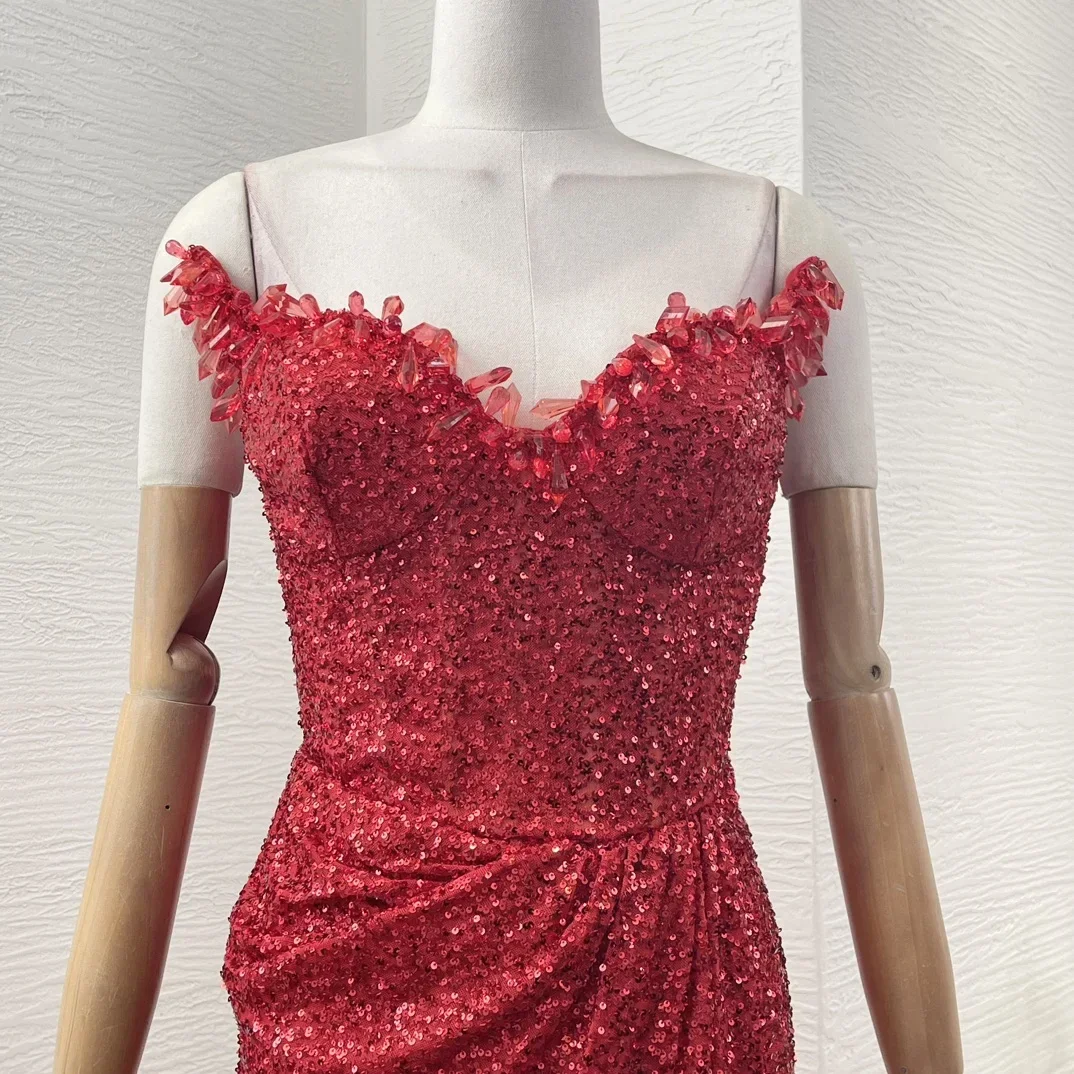 Ladies' 2024 New Club Sexy Red Sleeveless Sequined Slit Hem Diamonds Maxi Dresses 5