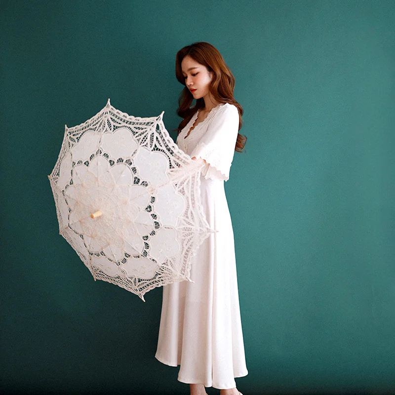 Bridal Wedding Umbrella Embroidery Lace Flower Pattern Sunshade Cotton Summer Umbrella for Dancing Decor