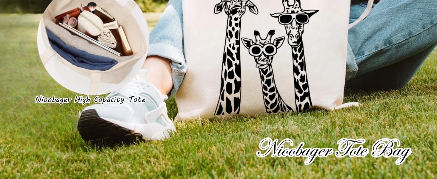 Funny Cute Giraffe Bag Canvas Bag for Women with Inner Pocket Book Bags Gift Reusable Grocery Bags