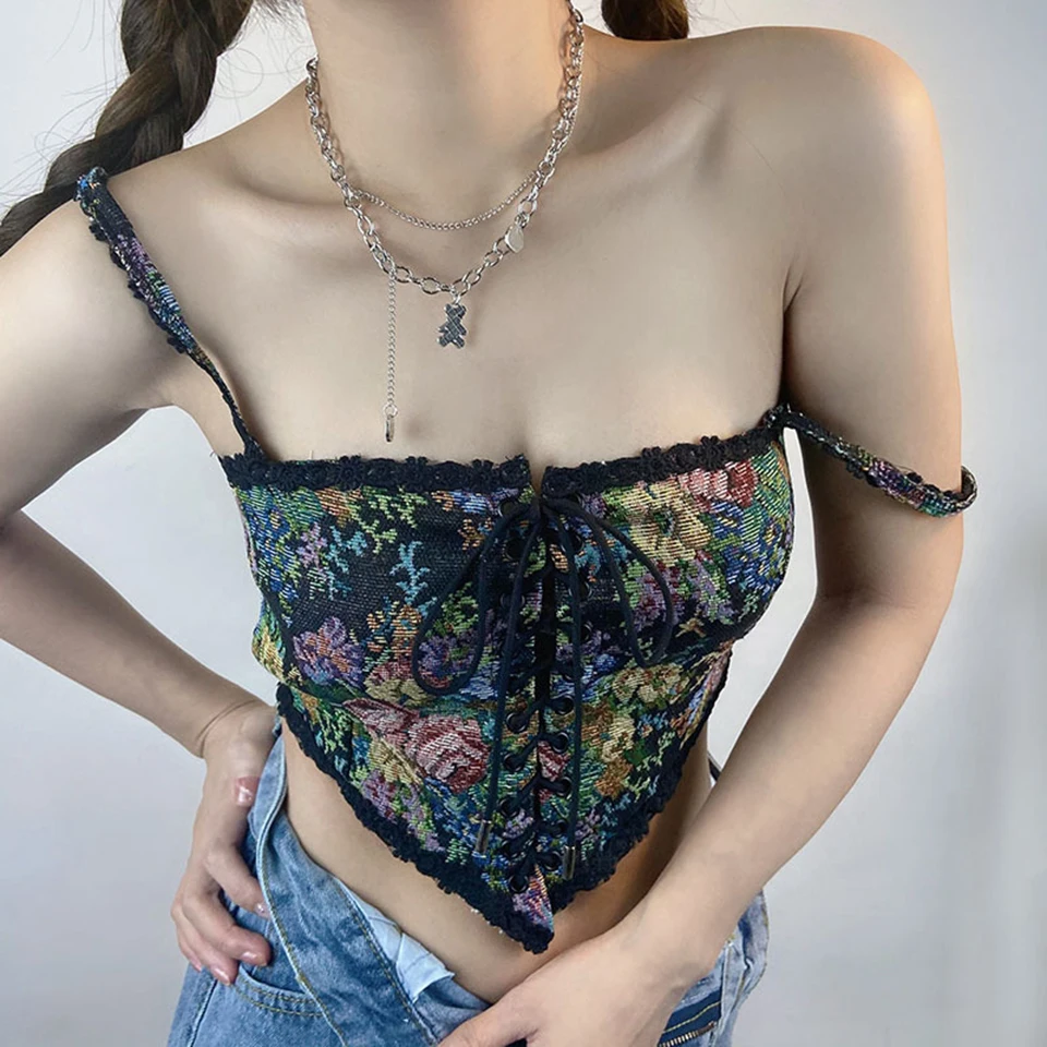 French Vintage Corset Tops Sexy Floral Corset Bustier Crop Top Tank Lace Up  Camisole For Women Going Out Outfit