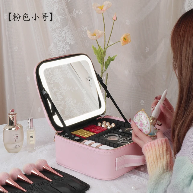 Korea LED Makeup Bag With Mirror Large Cosmetic Bag Portable Travel Pink  Storage Bag Smart Led Cosmetic Case With Mirror Light - AliExpress