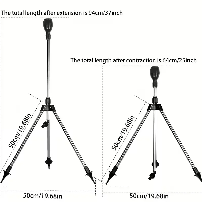 Reguleeritava kõrgusega vihmuti, mille metallist statiiv on paigaldatud rohelise muruga kaetud aeda. Pildil on näha vihmuti kõrguse mõõdud nii kokku pandud kui ka lahtivõetud kujul.
