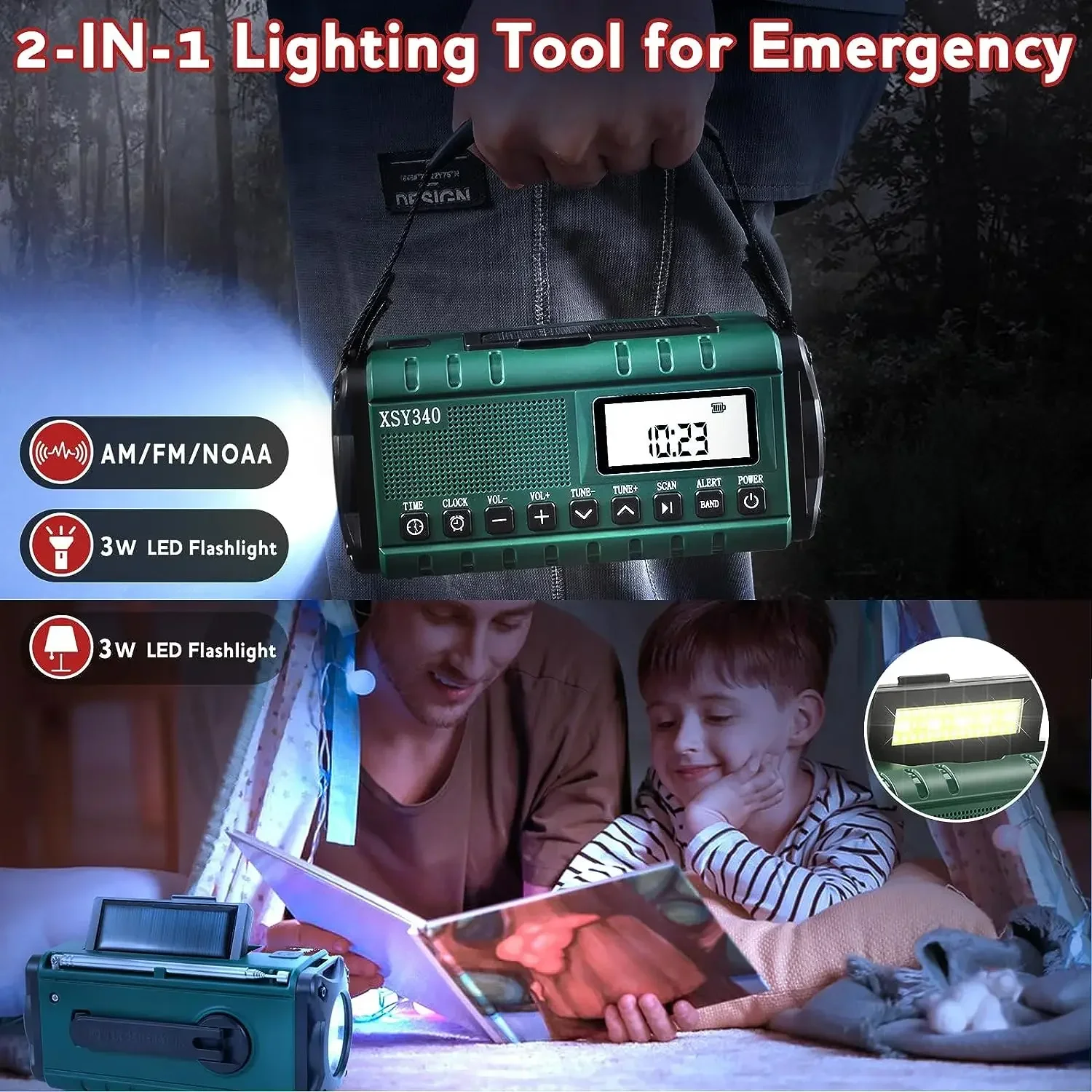 Woopker Radio XSY-340 10000mAh Solar Charging FM/AM/WB Support Alarm Clock 3.5mm Headphone Jack Multi-function Portable Radio
