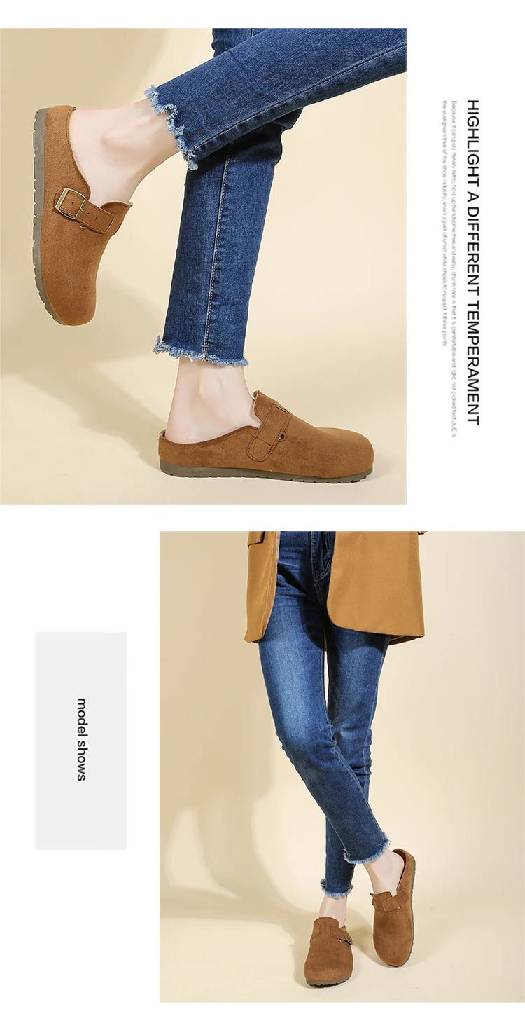 Women's Retro Suede Clogs With Buckle Slip-on Mules Flat Sandals_voghion.com
