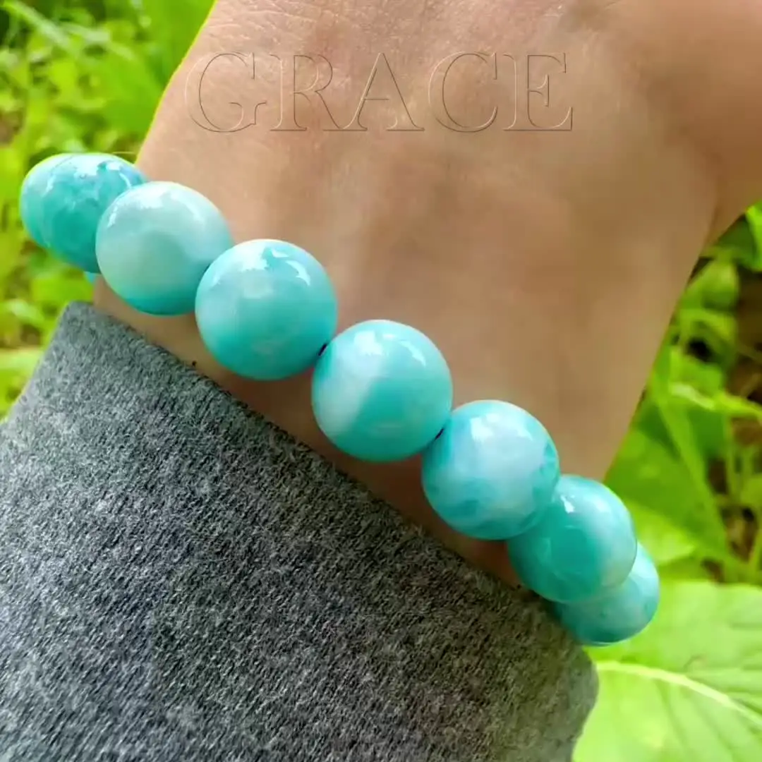 Natural Larimar Bracelet 10mm Ball Shape White Blue Gemstone Fine