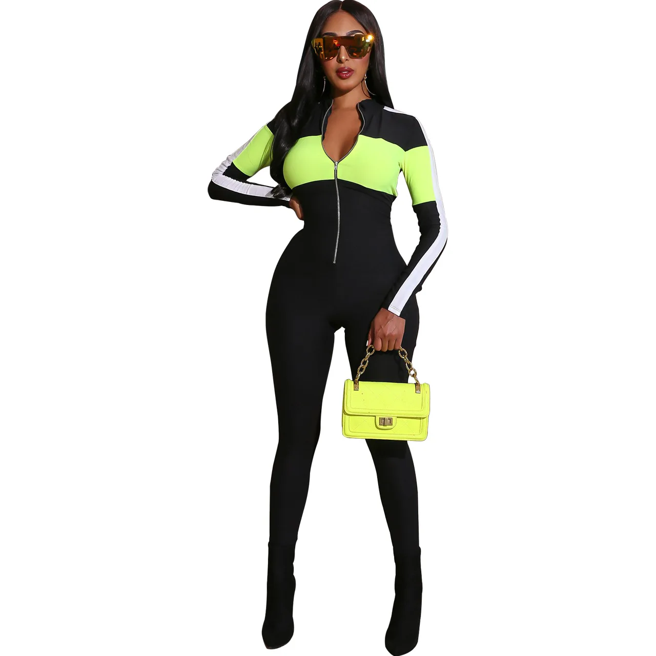 

Fashion sports style deep V multi-color jumpsuit overalls for women