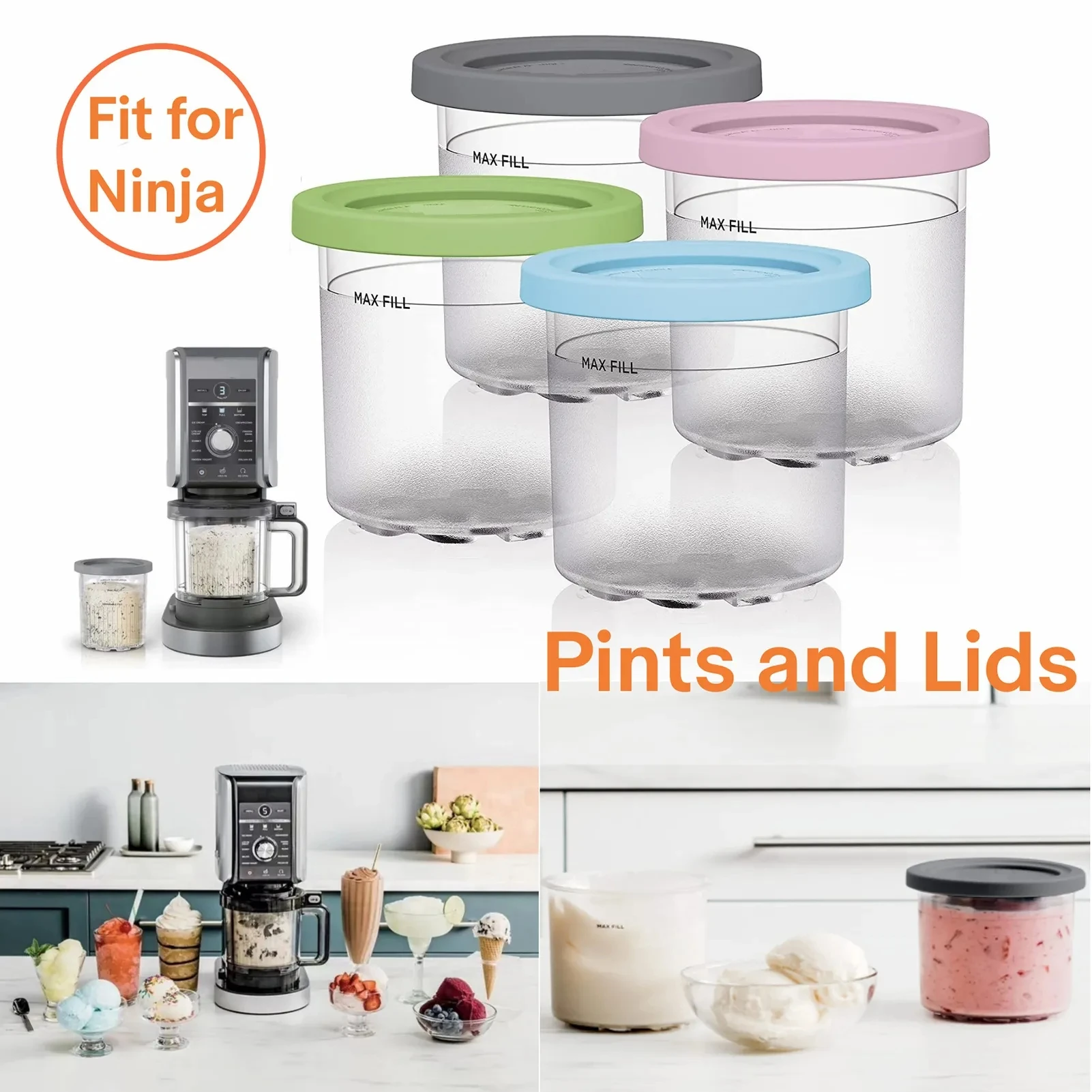 Ice Cream Pints Cup Reusable Ice Yogurt Container Storage Jar With Sealing Lid Proof 2/4Pcs For Ninja For NC299AM C300s Series