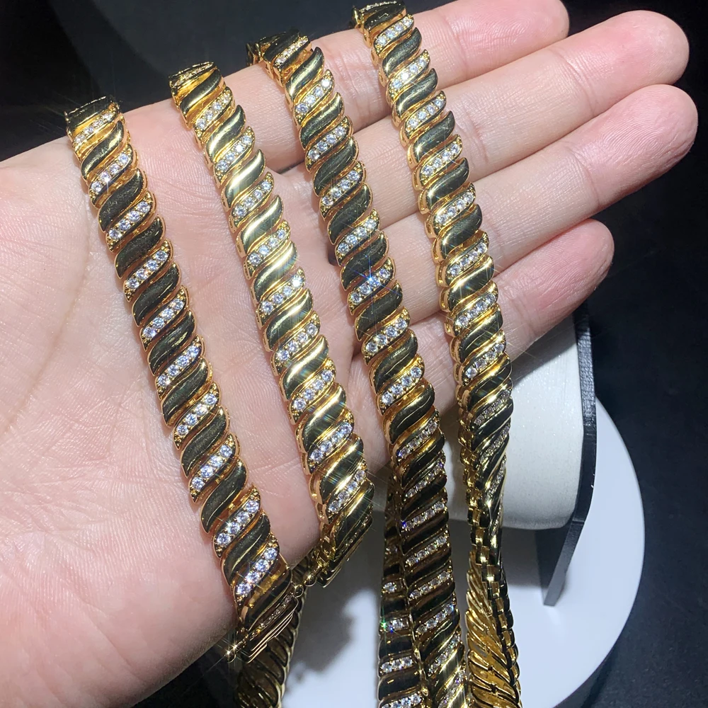2025 New Gold Color Herringbone Snake Chain Bracelet Necklace 10mm CZ Stones Choker Hop Hip Rapper Fashion Women Jewelry Set 5