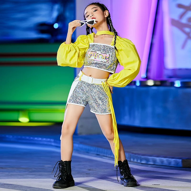 

Children'S Day Catwalk Show Stage Performance Costumes Girls Hip Hop Yellow Tops Sequin Suit Jazz Street Dance Clothes DWY7258