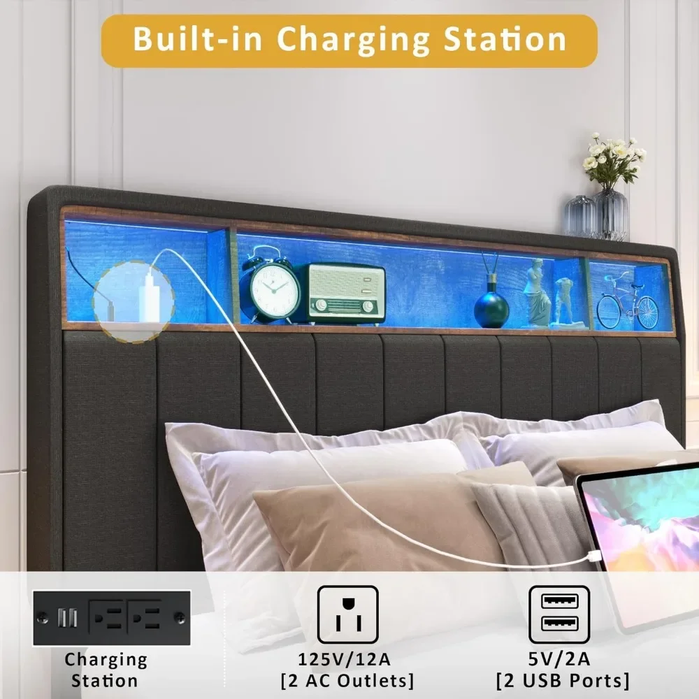 Queen Bed Frame With Storage Headboard Upholstered With Built in Charging Station & LED Dark Grey Platform Bed Frame bed frame