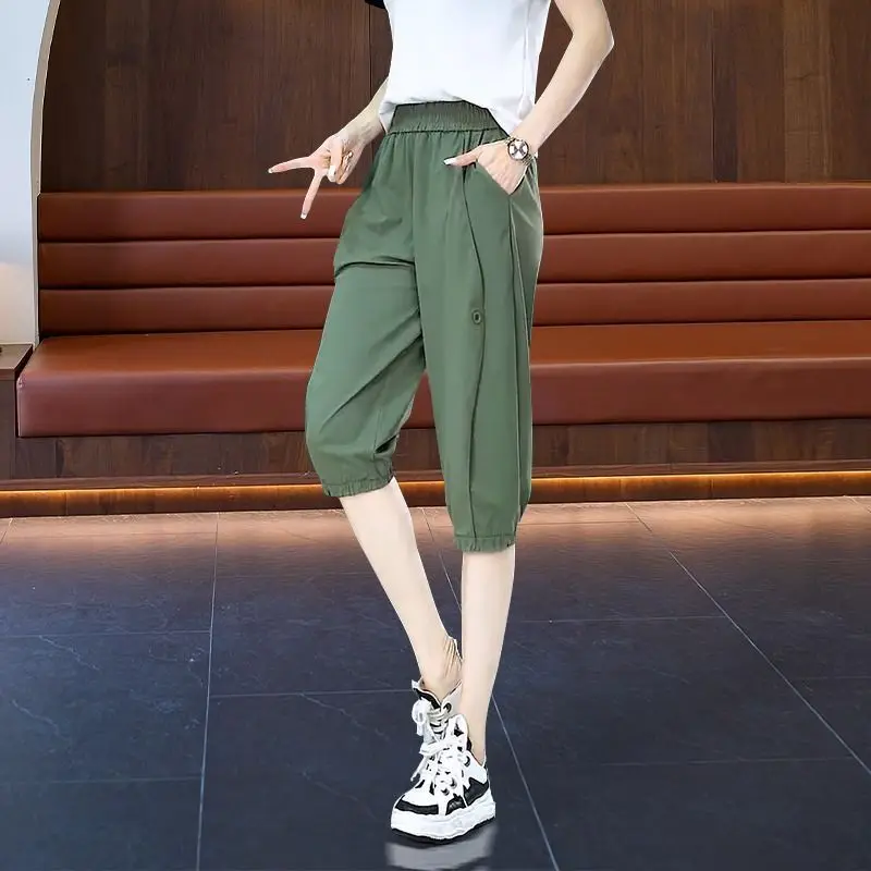 

Женские летние капри с высокой талией, эластичные повседневные бриджи со складками и завязками на пуговицах, 2024