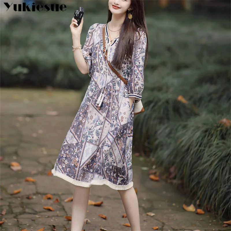 

Fashion Summer Long Party Dress Chiffon Elegant Female Vocation Vestido Print Beach Woman Dress V-Neck Loose Simple Versatile