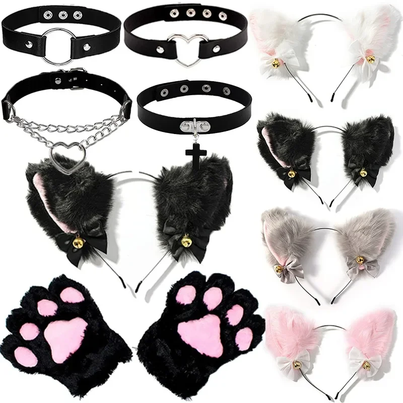 Anime Hair Accessories Costume Headband Cat Ear Bow Headband Necklace Cat Claw Gloves Cosplay Plush Bell Hairband Women Girl Masquerade Party Headwear Hair Accessories