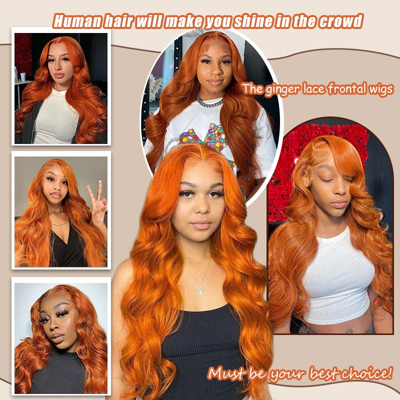 Ginger Orange 13x6 Lace Front Wigs Human Hair 200% Density Body Wave Wig 350 Colored Human Hair Wig Pre Plucked 5
