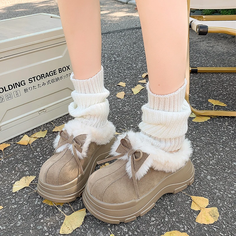 Winter New Baotou Slippers for Women Round Head Deep Mouth Suede Butterfly Knot Thick Bottom Non-slip Cotton Drag 5
