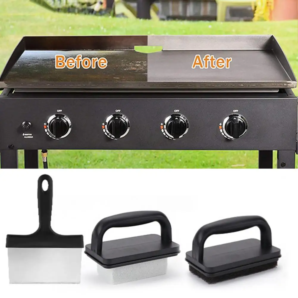 Griddle Scouring Pad Multifunctional Bbq Griddle Tool Kit with Handle Scraper Scouring Pad Pumice Stone Brush for Barbecue Flat