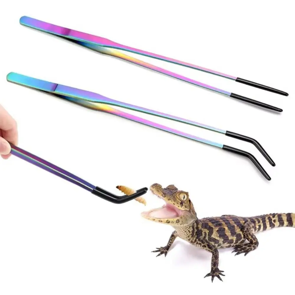 2Pcs Stainless Steel Aquarium Feeding Tweezers 27CM Non-slip Lizard Feeding Tweezers Straight and Curved with Rubber Head
