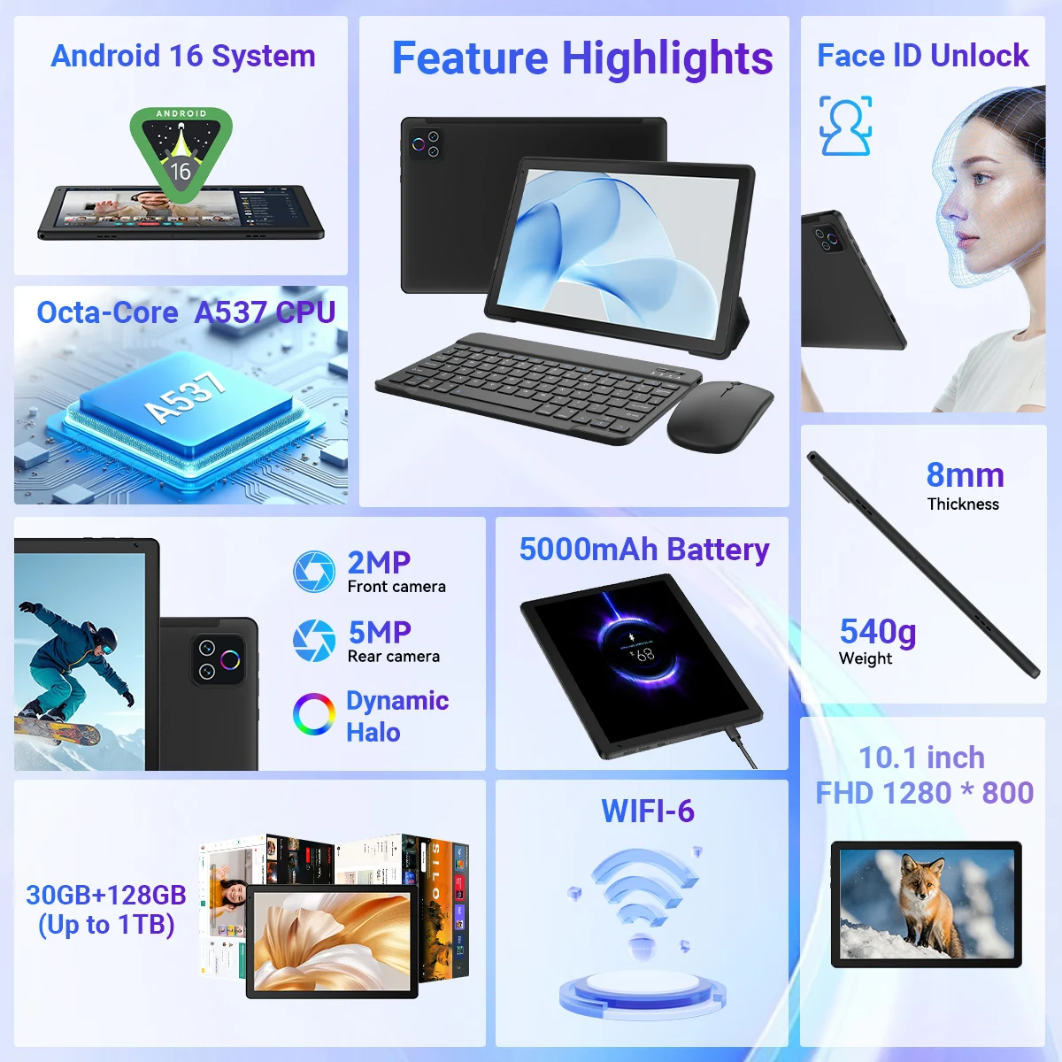 URAO 2026 Newest Tablet 10 Inch Android 16 30GB+128GB 1TB Expansion WiFi6 Dual Camera Stylus Keyboard Mouse Headphone PC PAD Set
