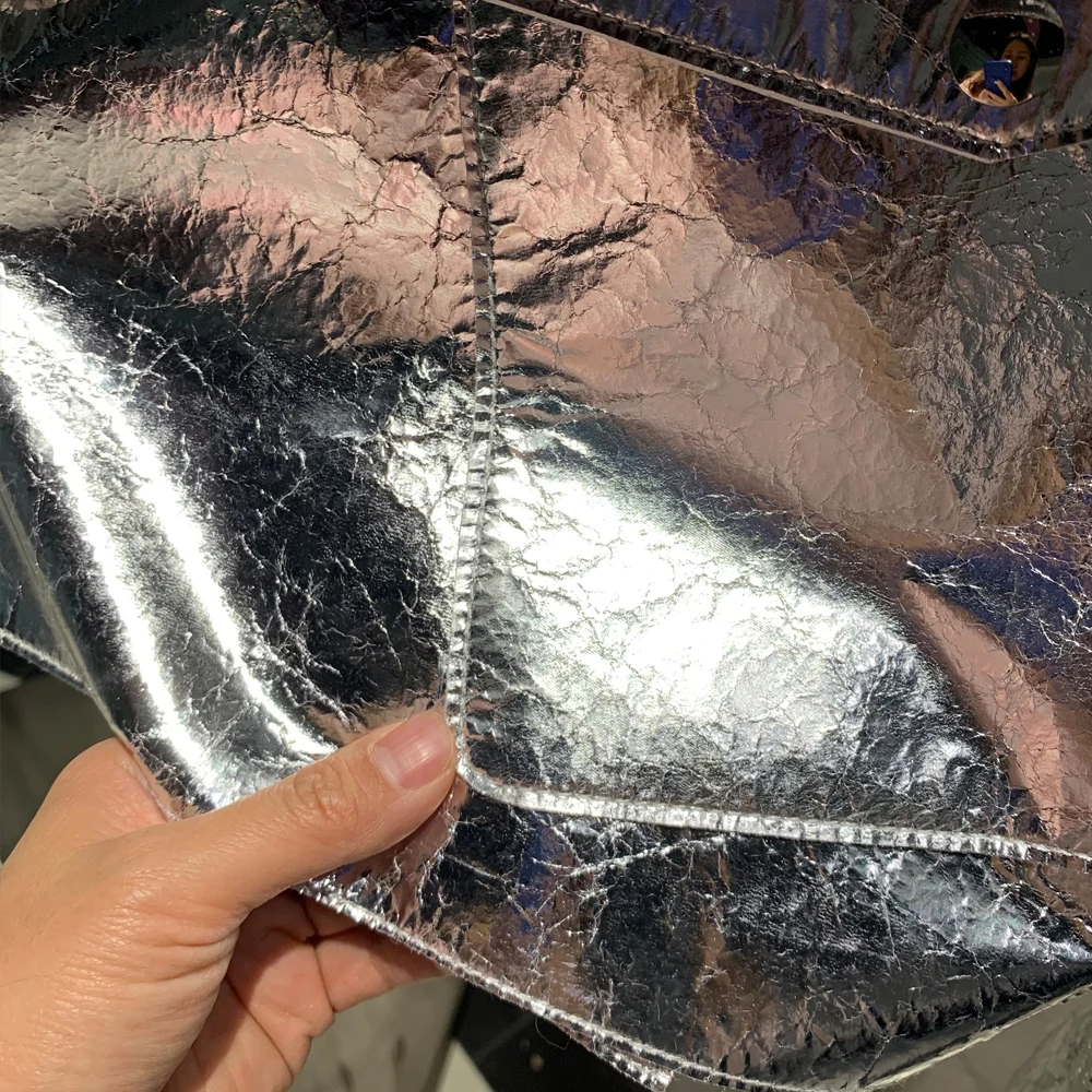 Shinny Silver Lady Jacket in Leather Real Sheepskin Blouse