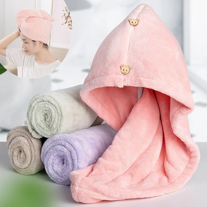Microfiber Hair Towel Care Cap with Button Super Absorbent Hair Towel Wrap Fast Drying Wraps Women Bathroom Accessories microfiber towel hair towel