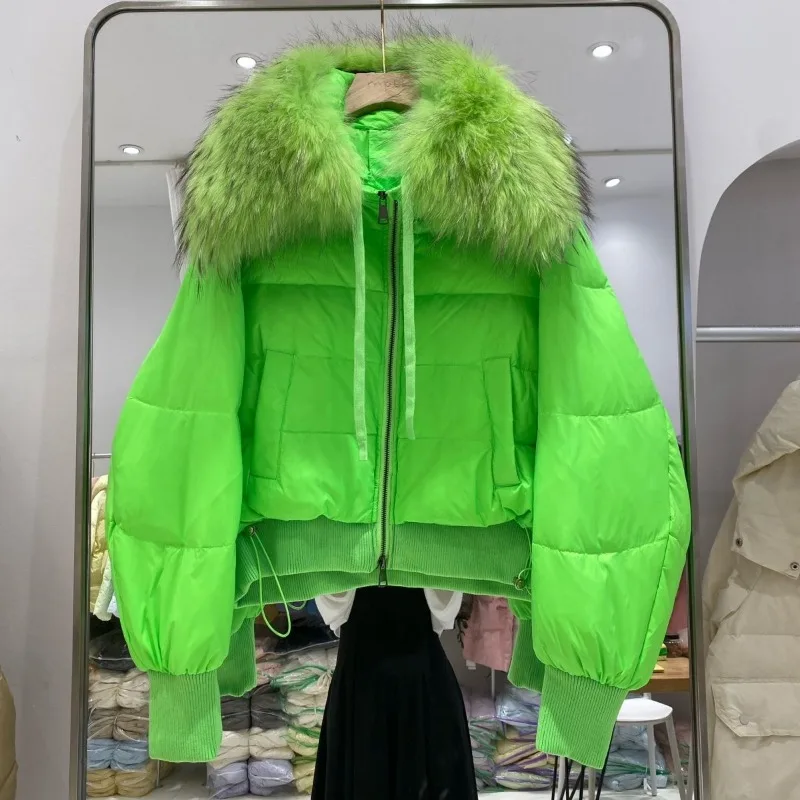 2023 New Winter Puffer Jacket Women Thick Warm Short Parkas Real Natural Raccoon Fur Female Loose 90% White Duck Down Coat