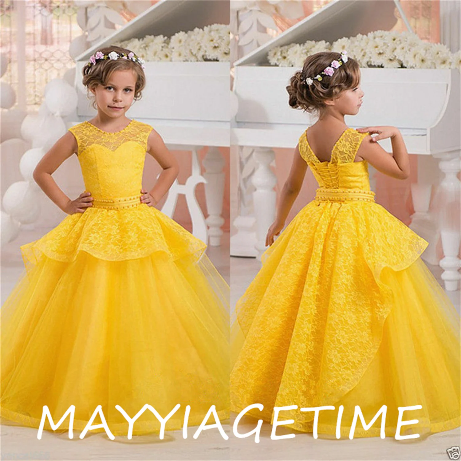 

Lace Pearls First Communion Dresses For Little Girl Sleeveless Pageant Ball Gowns Custom Made