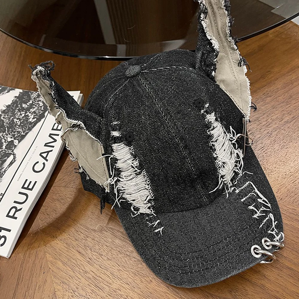 Punk Dobermann Dog Ears Washed Denim Baseball Cap Unisex Hip Hop Personality Retro Street Hat Halloween Accessories