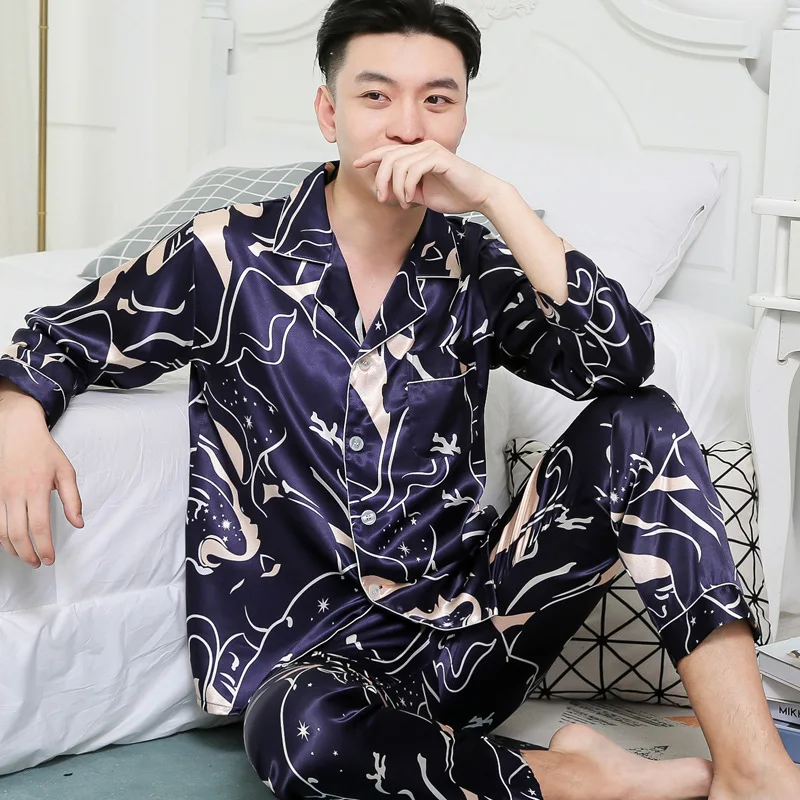 satin pajamas Pajama Set High Quality Silk Pajama for Men Sleep Tops Trousers Two Pieces Long Sleeved Sleepwear Satin Set Plus Size Pyjamas plaid pajama pants Men's Sleep & Lounge