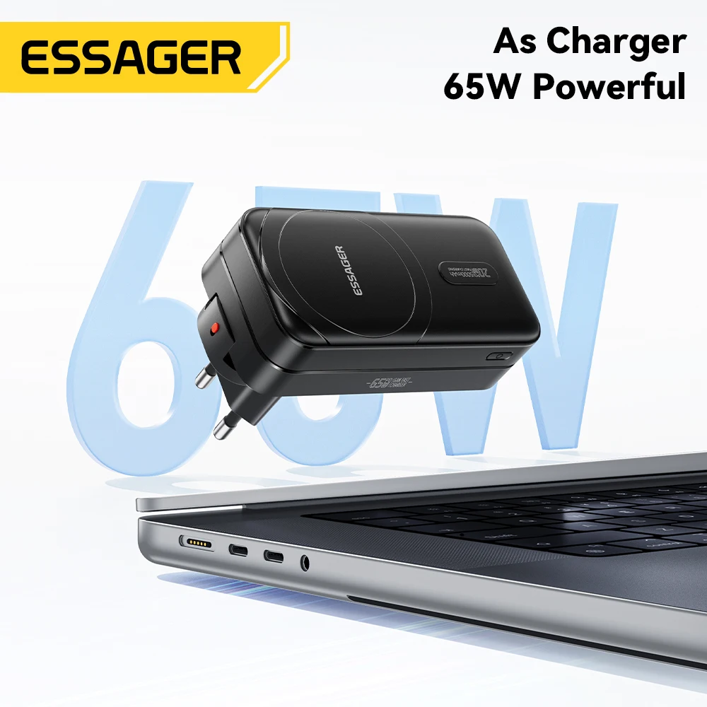 【NEW】ESSAGER 3-in-1 Magnetic 65W GaN Charger Wireless 5000mAh Power Bank With Cable For iPhone17 16 15 Samsung MacBook Travel