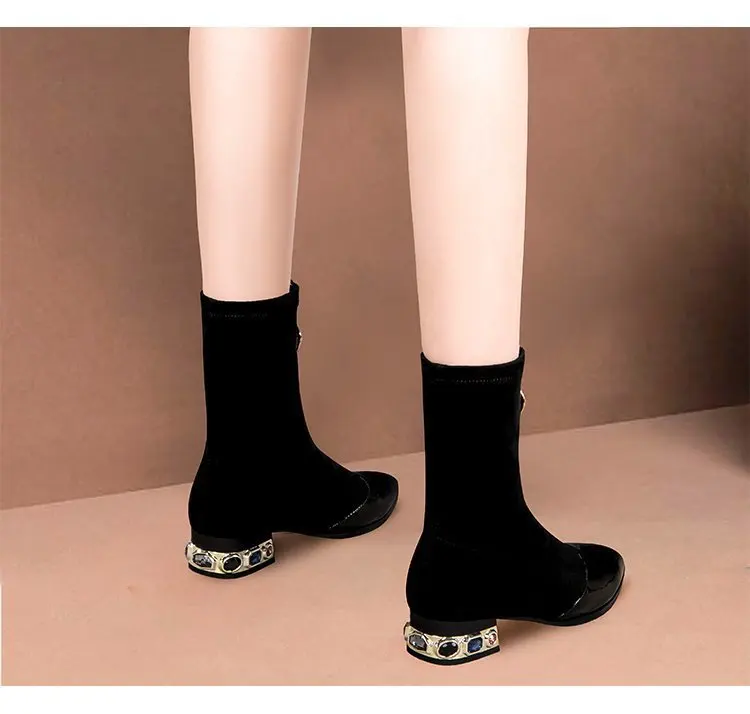 Shiny Sequin Ankle Boots For Women Pointed Square Heel Winter Shoes_voghion.com
