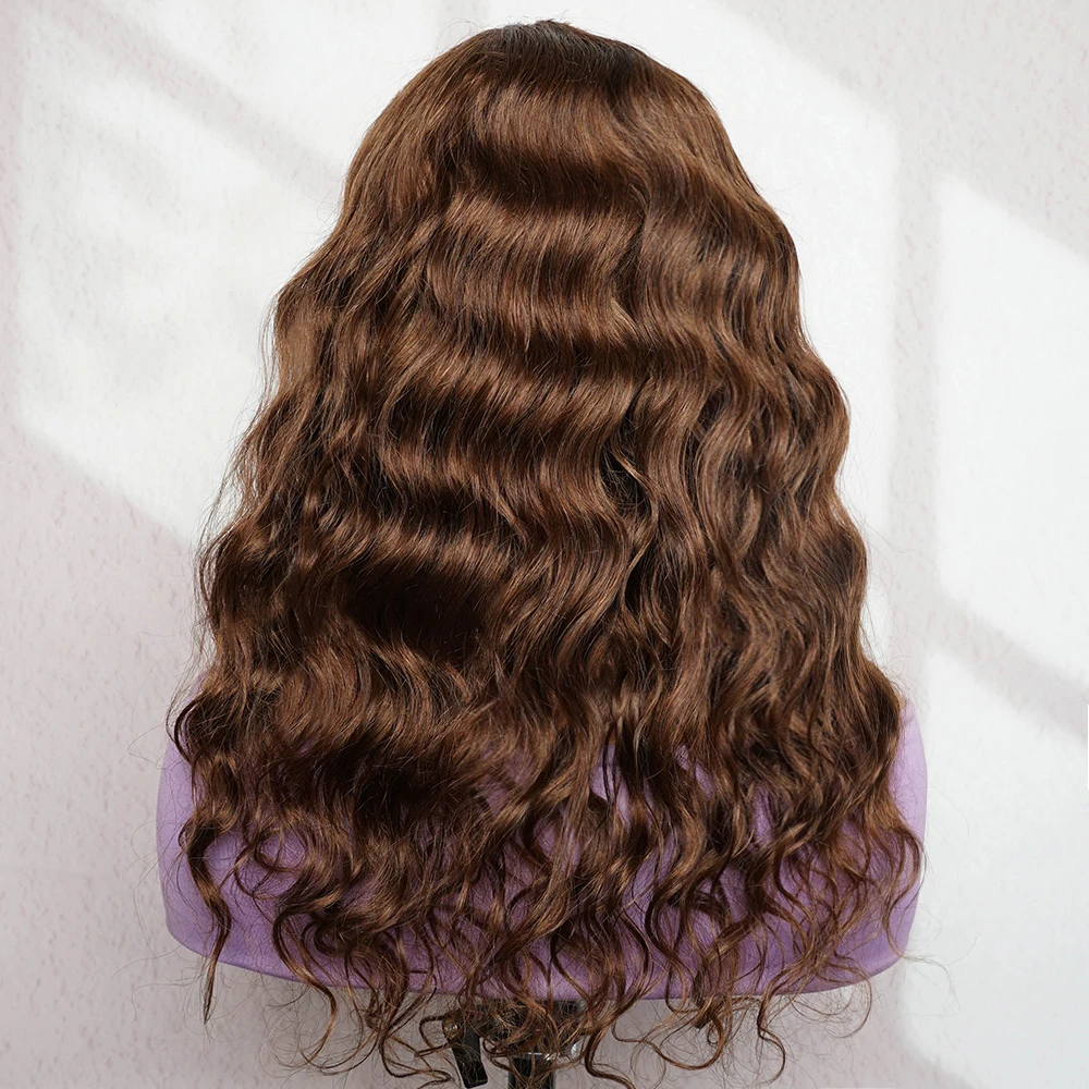 Human Hair Wigs with Bang Romance Curl Loose Wave Full Wig Brown Machine Made Non Lace Wig with Fringe Bobbi
