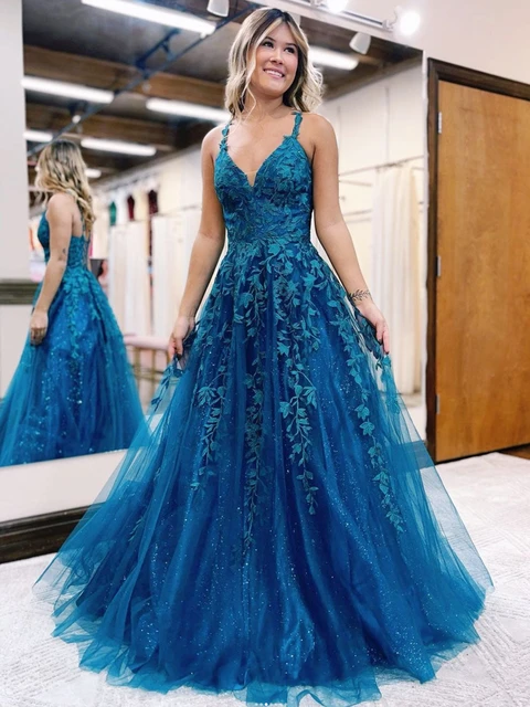 Vestidos largos de graduación 2023 para mujer, vestidos de fiesta con  cuello en V, vestidos de fiesta sexy de encaje con línea A, vestidos de  fiesta