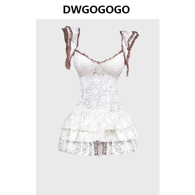

Женское кружевное однотонное мини-платье, винтажные облегающие кружевные платья на бретелях для женщин, новинка 2024, милое платье