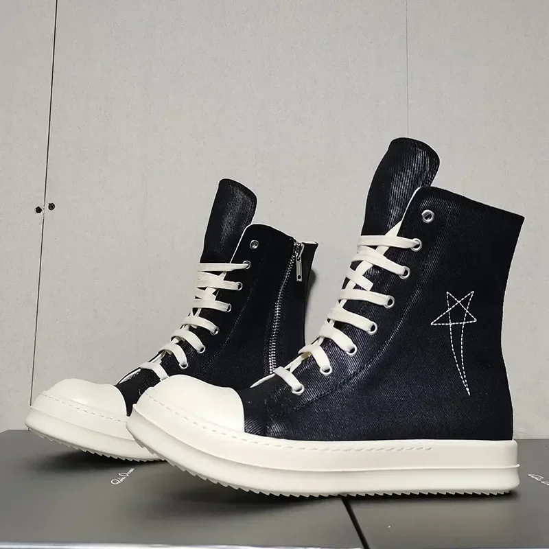 Ro Designer Black Flat-bottomed High-top Embroidered Canvas Shoes, Booties, Zippers and White Cloth Shoes, Couple's Men's Shoes 2