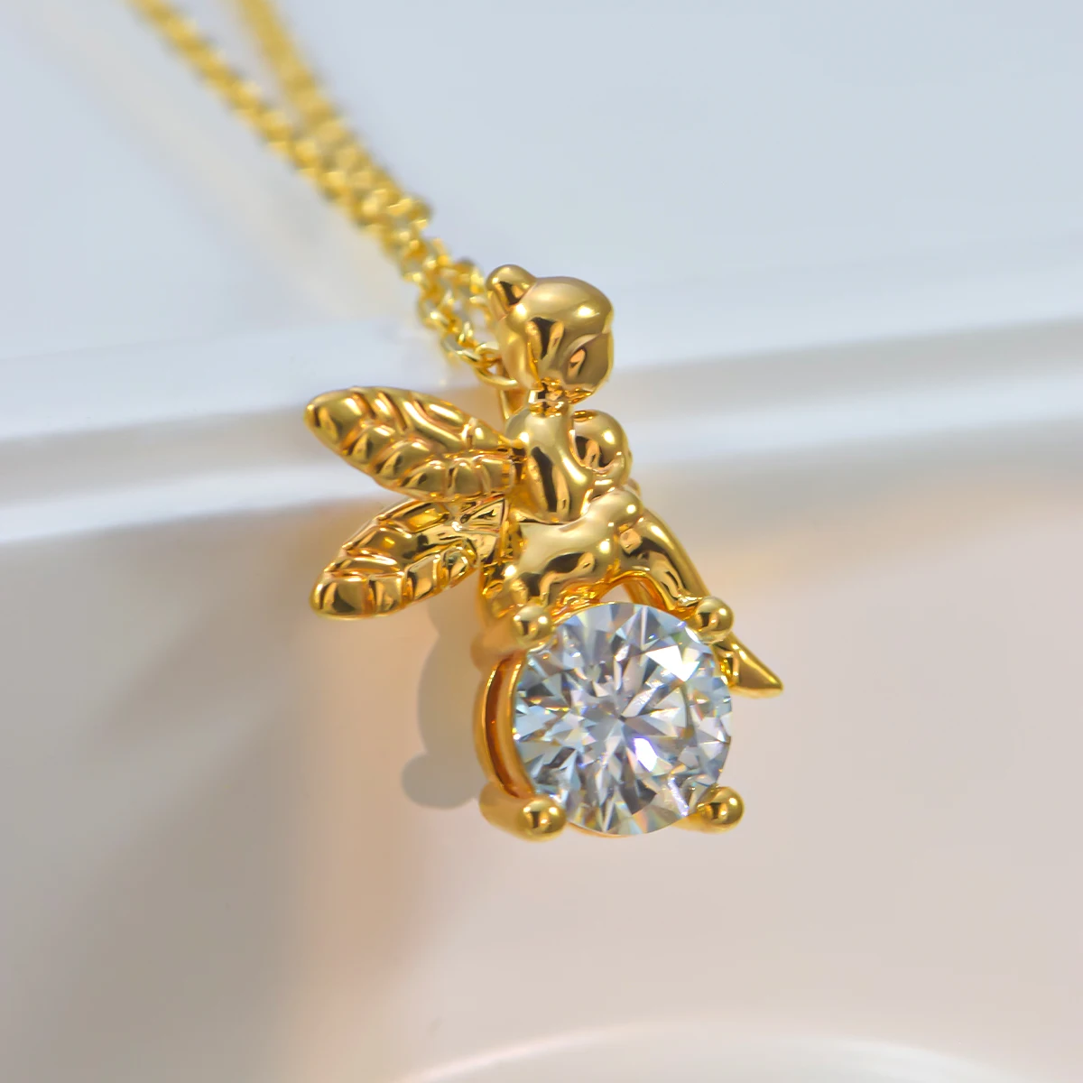 Angel Girl Pendant Real 18K Gold 1ct Moissanite Necklace AU750 Festival Gift Jewelry for Women Complimentary Fine Silver Chain