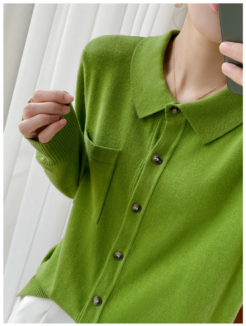 WinvyNee Women's Elegant Spring Knitted Cardigan Wool Polo Neck With Pockets Solid All-Match Casual Soft Tops Coats ZB1047006