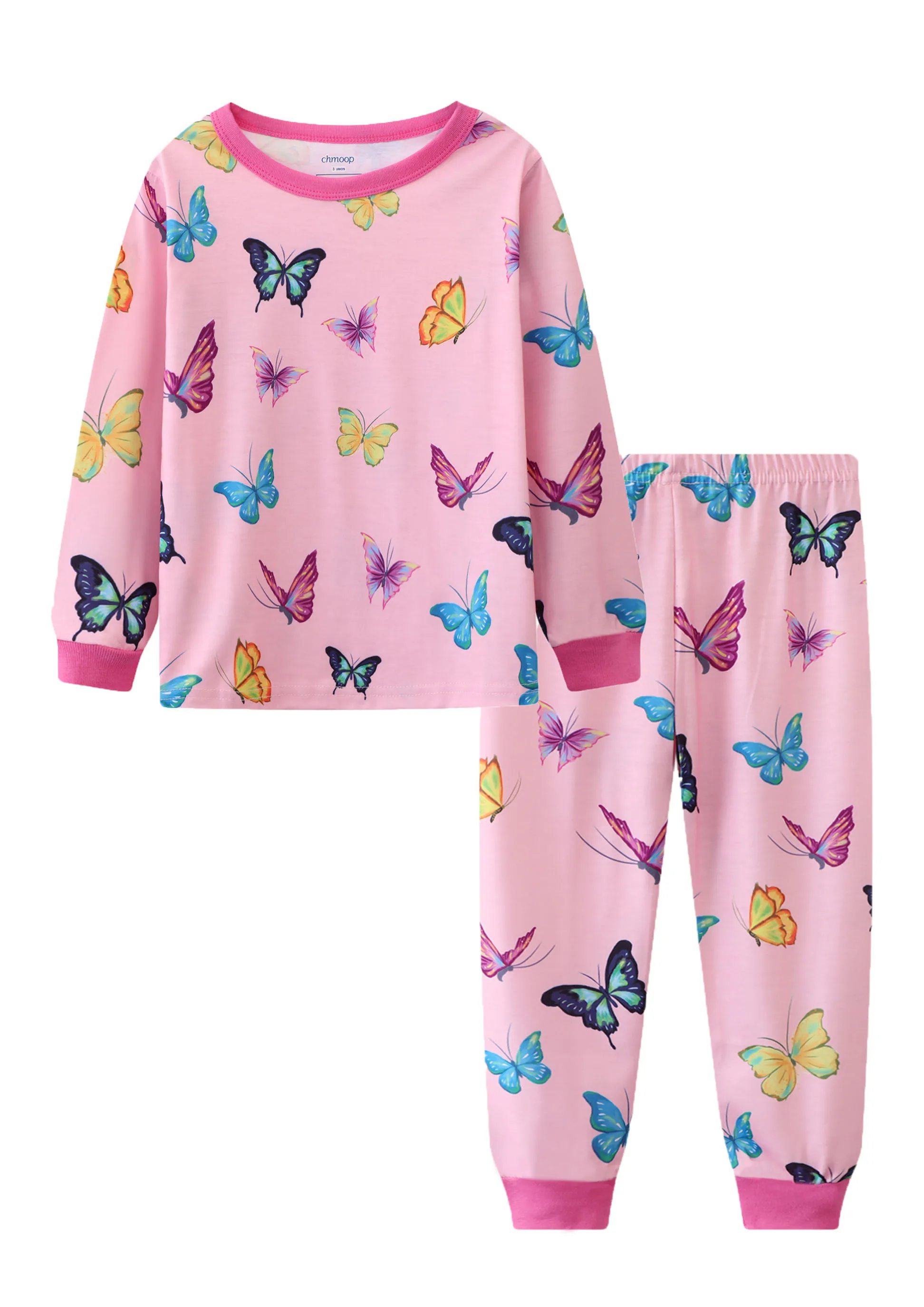 thumbnail image 1 of Children and girls butterfly print long sleeve round neck 2 pajamas set, 1 of 5