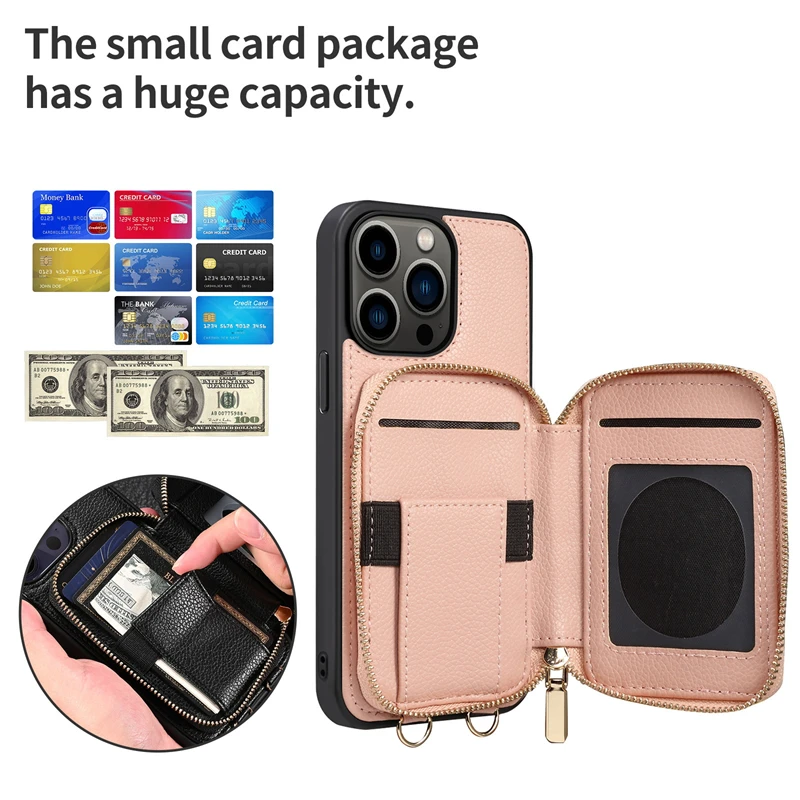Zipper Wallet Shoulder Strap Case for iPhone 15 Pro Max 14 13 12 11 Pro Max 15 Plus 13 Pro Leather Card Pocket Lanyard Cover