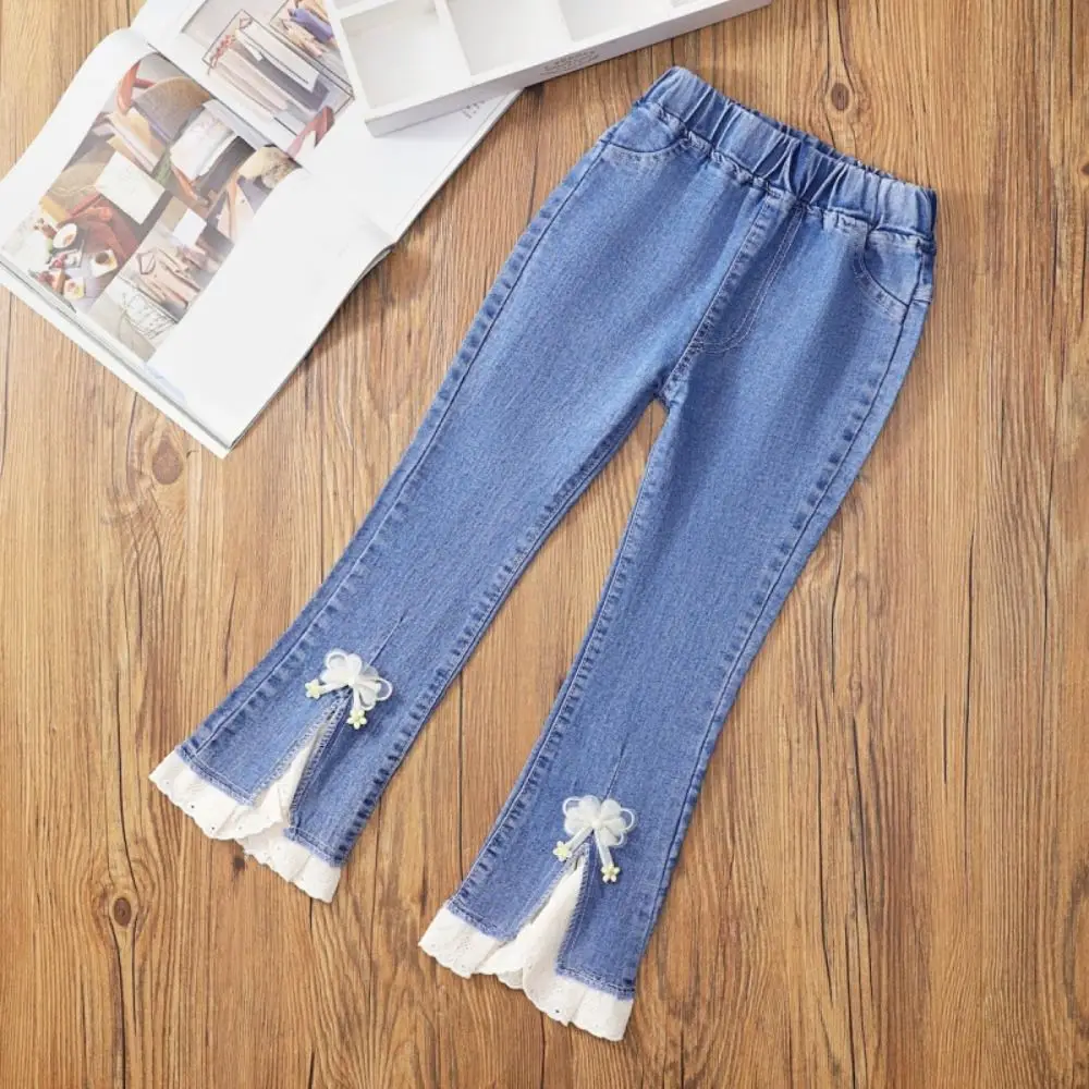 Simple Lace Y2k Bow Denim Jeans Wide Leg Irregular Teens Bell-bottom Trousers Clothing Loose Girl Split Cowboy Pants Party