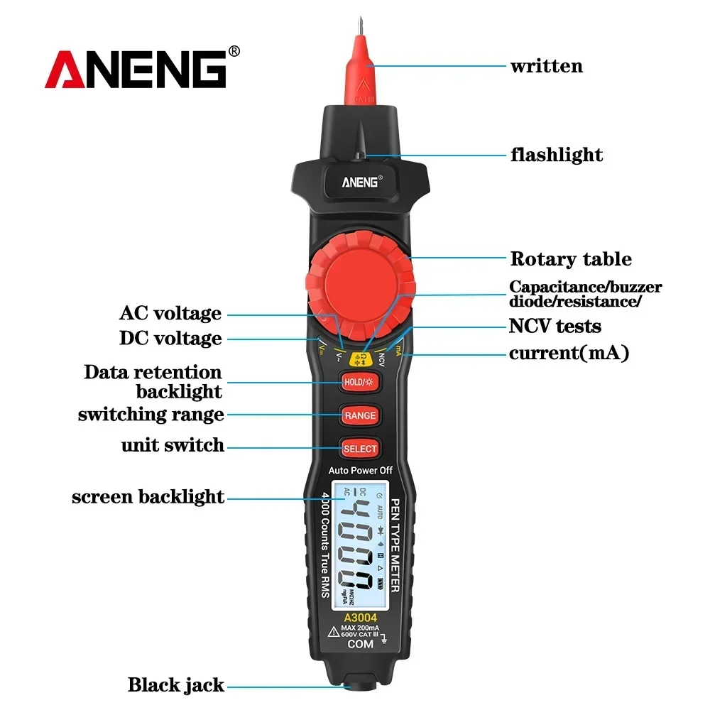 ANENG A3004 Smart Pen Multimeter Digital 4000 Counts AC/DC Current Voltage Test NCV Capacitance Resistance Diode Ohm Tester Tool