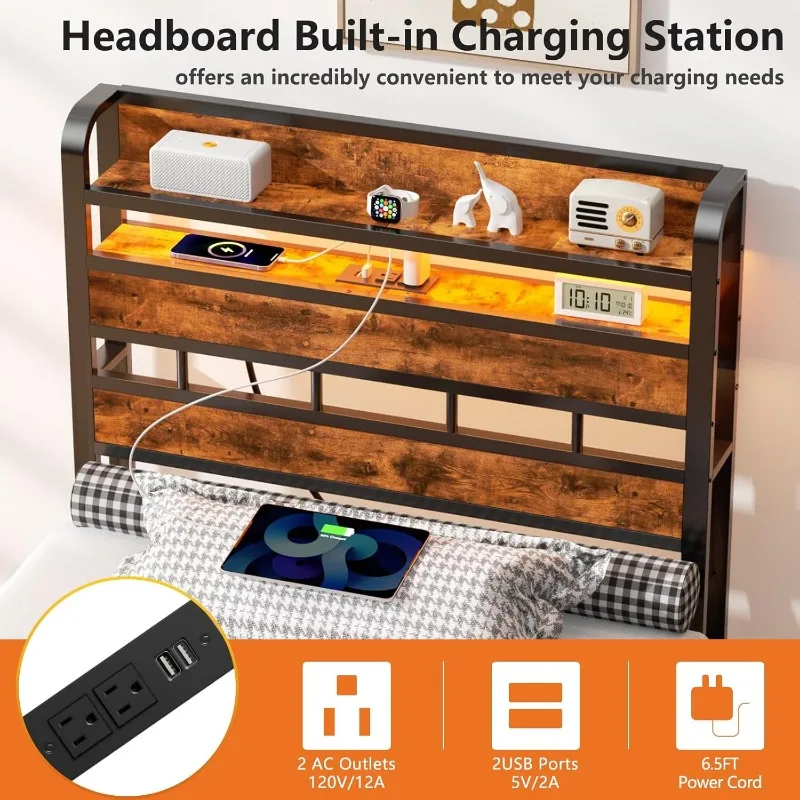 Twin Size Head Board Only 2 Outlets 2 USB Ports Bed Headboards with Charging Station Two Tier Storage Headboards Shelf for Dorm 5